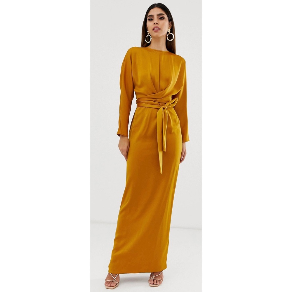 ASOS Maxi Dress Mustard Satin - Size 8